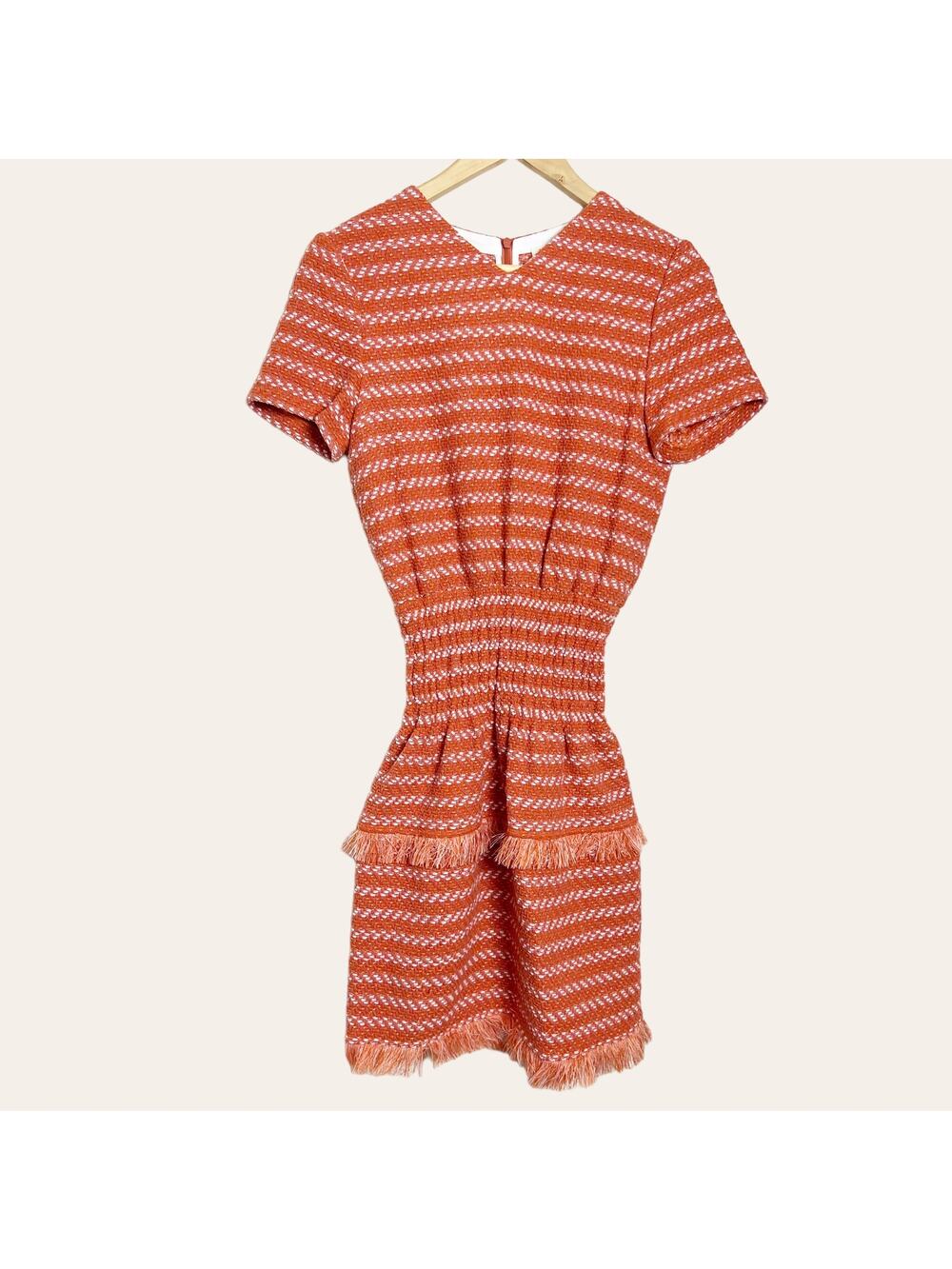 Maje Coral Pink Orange Wool Tweed Short Sleeve Smocked Mini Cocktail Dress 2 New